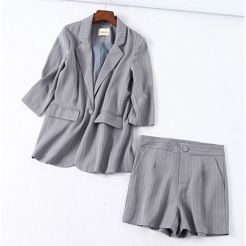 Casual Striped Blazer Womens Shorts Suit Set One Button Office Outfit