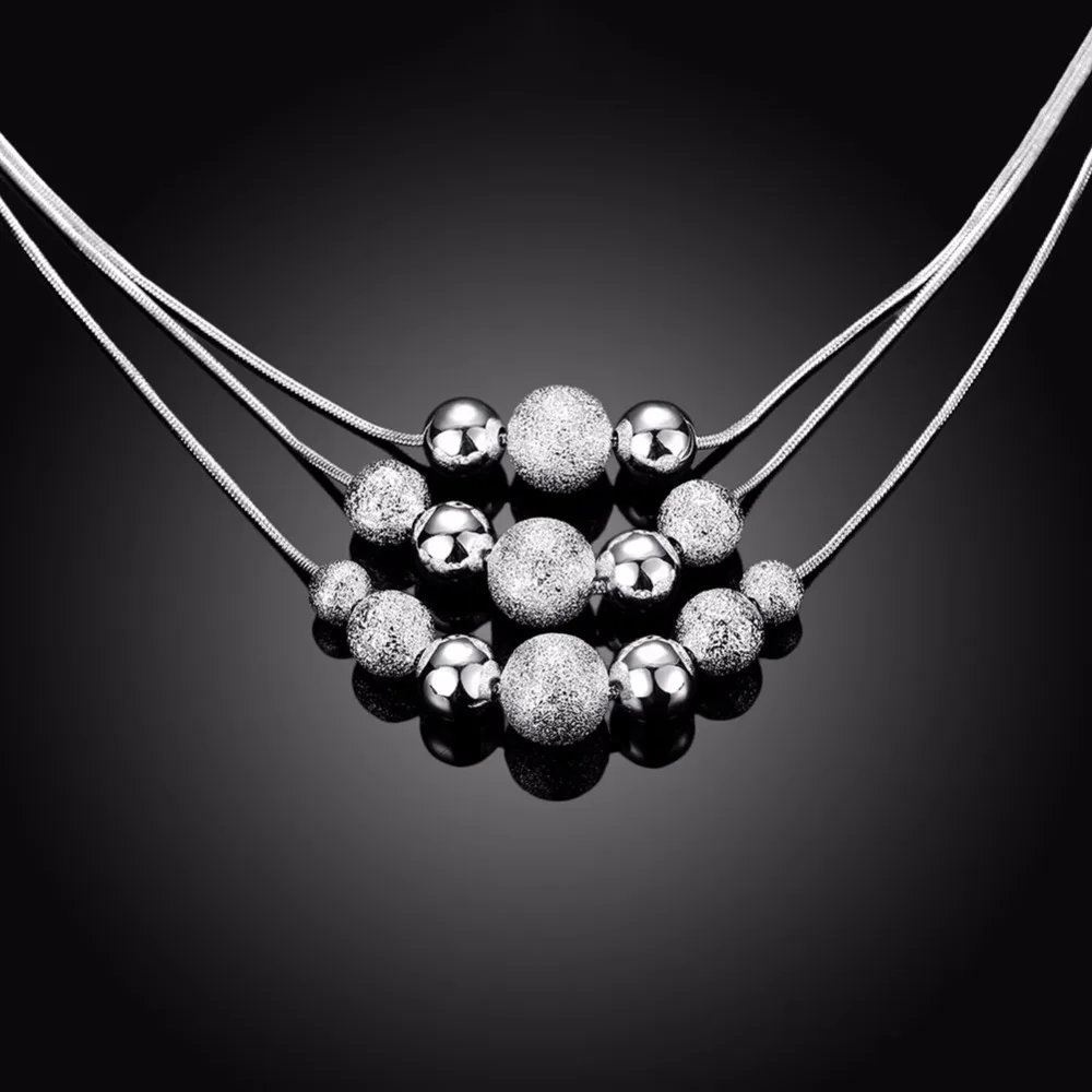 CHUKUI Silver Color Classic Three Chain Light Sand Beads Necklace Three Layers Bead Chain Necklace For Women Wedding Party  (6)