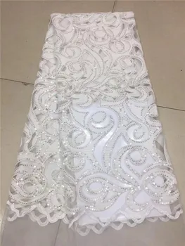 

2019 White Color French velvet Lace Fabric High Quality African Voile Flannel Lace Fraric With Sequins for Nigerian Wedding