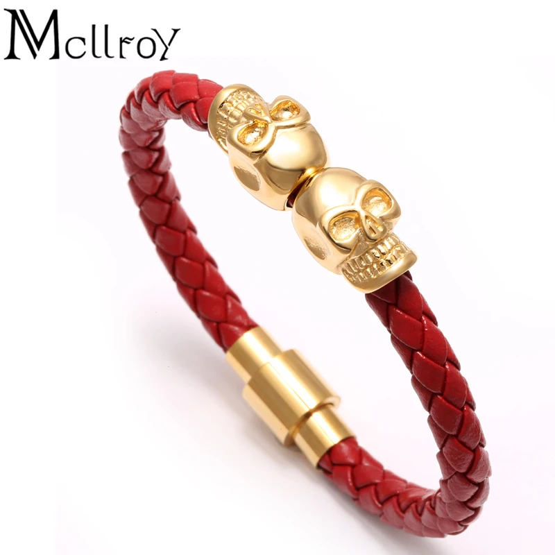 Mcllroy, новинка, очаровательный браслет с двойным черепом для Мужчин, Ювелирные изделия, магнит, титан, черный, натуральная кожа, мужской череп, браслет и браслет