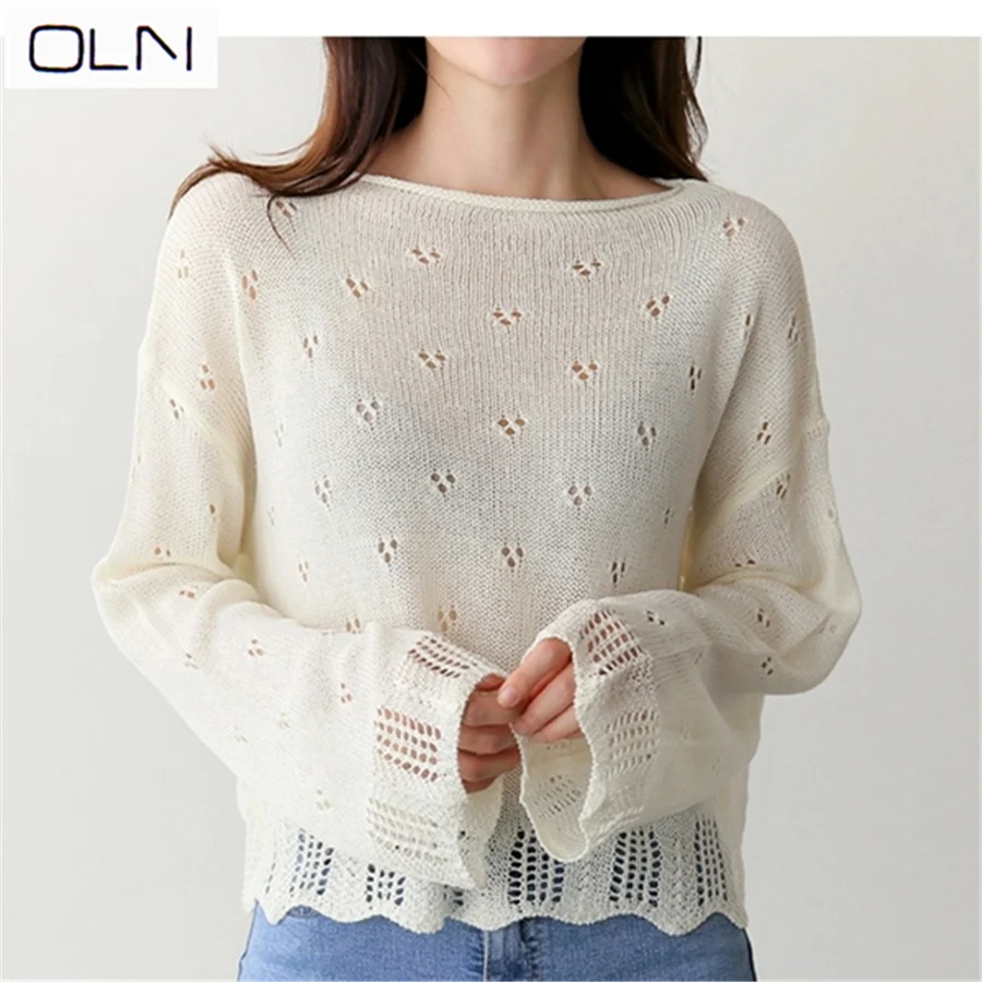 

Shirt OLN Korea's new women's solid color hollow thin ice silk transparent outside air-conditioning shirt long-sleeved sweater