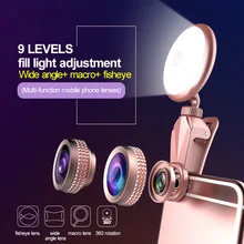 Phone Lens 3in1 Led Flash lights with Wide Angle+50X Macro Lens 9 Levels light kit Camera Lens for iPhone 7 6 iPad Huwawei XiaMi
