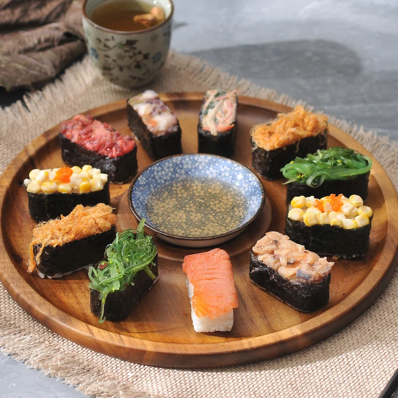 Natural Acacia Wood Serving Tray Wooden Sashimi Sushi Cake Plate Platter with Porcelain Bowl Tableware Dinner