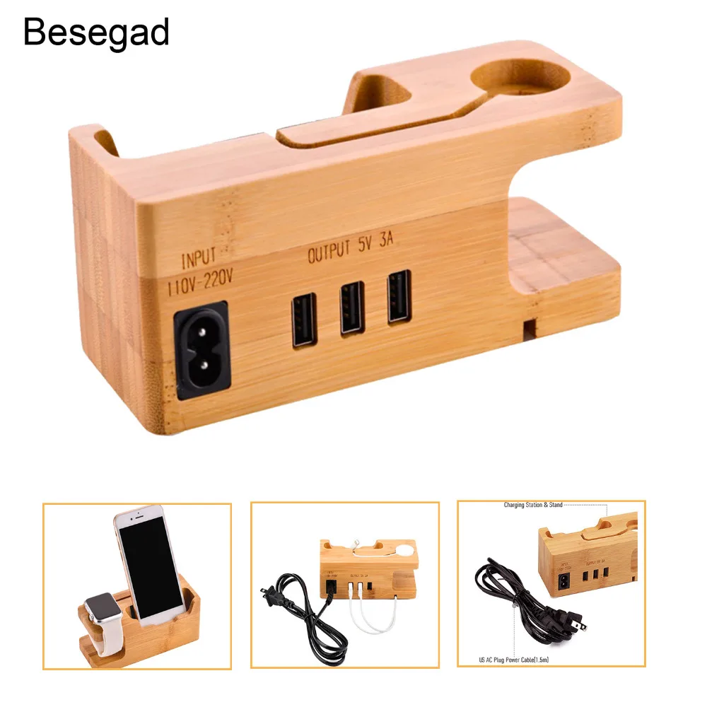 

Besegad 3port Wood USB Charging Station Charger Dock Stand Holder for Apple Watch iWatch Series 1 2 3 4 iPhone X 8 7 6 6S Plus