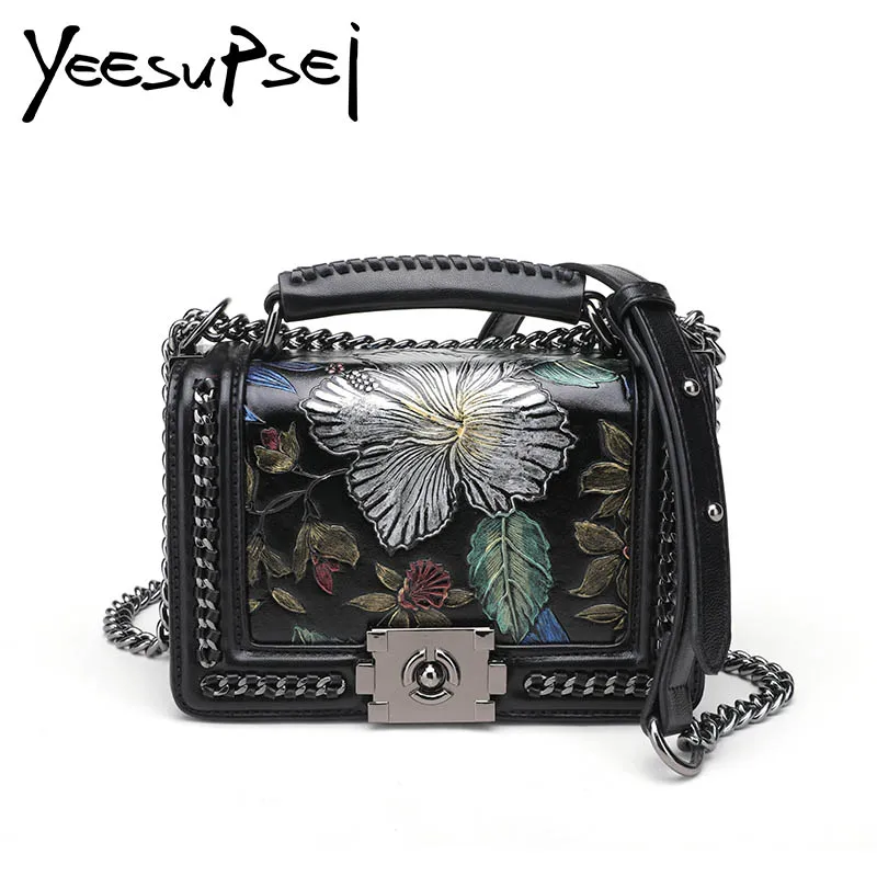 

YeeSupSei Women Floral PU Leather Messenger Bag Luxury Handbag Female Designer Shoulder Bag Chain Handle Shoulder Strap Flap Bag