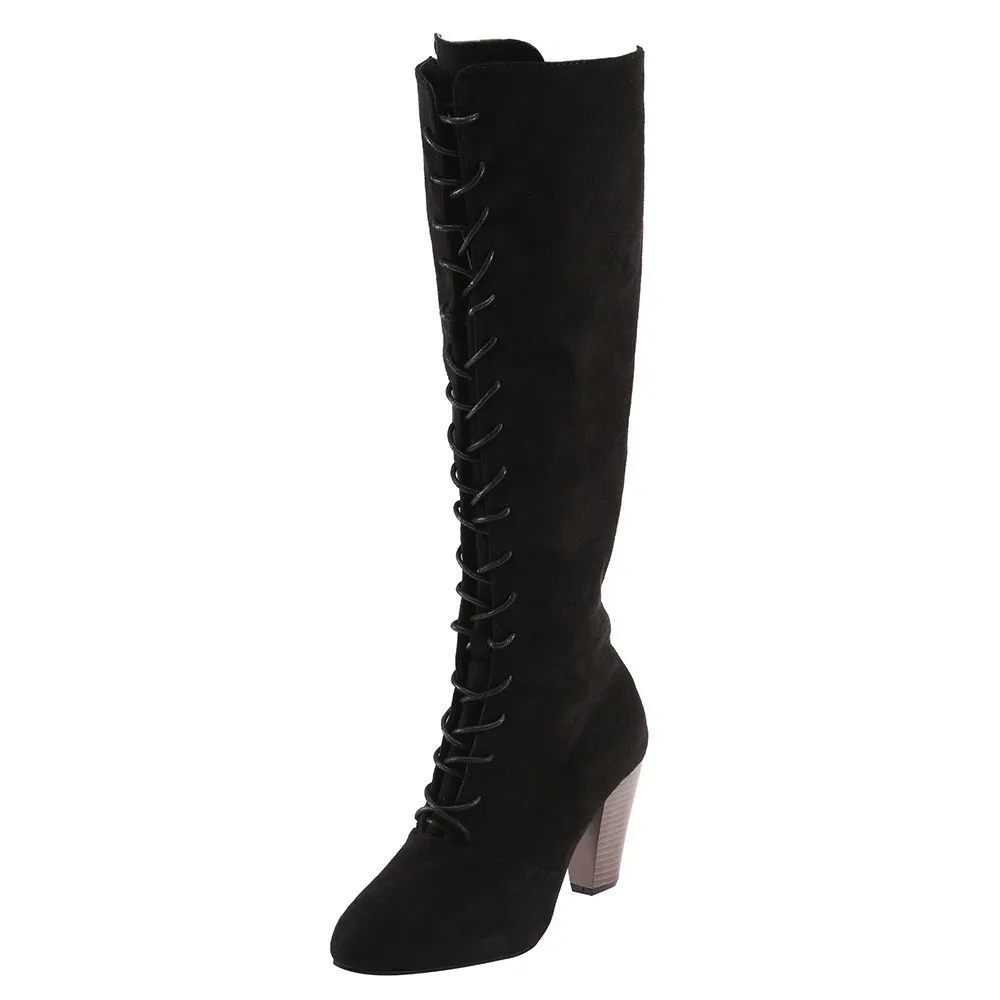 

Sexy Lace Up Over Knee Boots Women Boots Flats Shoes Woman Square Heel Flock Boots Botas Winter Thigh High Boots 35-43