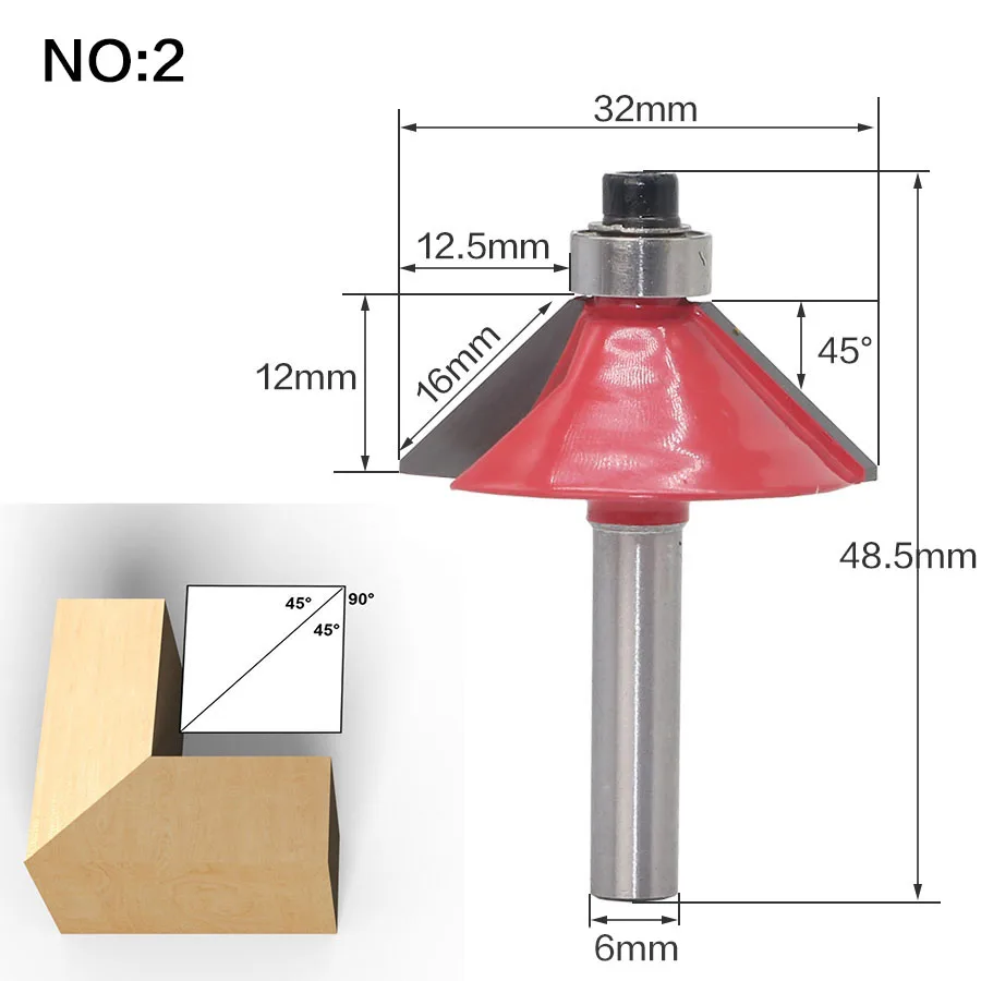1 шт. 6 мм хвостовик 45 градусов фаски концевые фрезы кромки формирующие фрезы с шариковым подшипником Вольфрам две флейты фрезы для дерева - Длина режущей кромки: NO 2