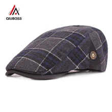 QIUBOSS Colored Plaid Plain Wool Felt Newsboy Caps for Men Autumn Winter Warm Beret Old Man Forward Hat Male Trilby Casquette