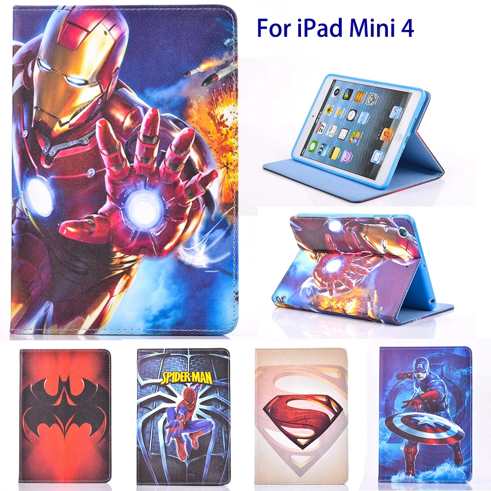 

Case for Apple iPad Mini 4 Tablets Case Cartoon Super man Spiderman Book Flip PU Leather Case Stand Cute Kids Boy Cover Bag