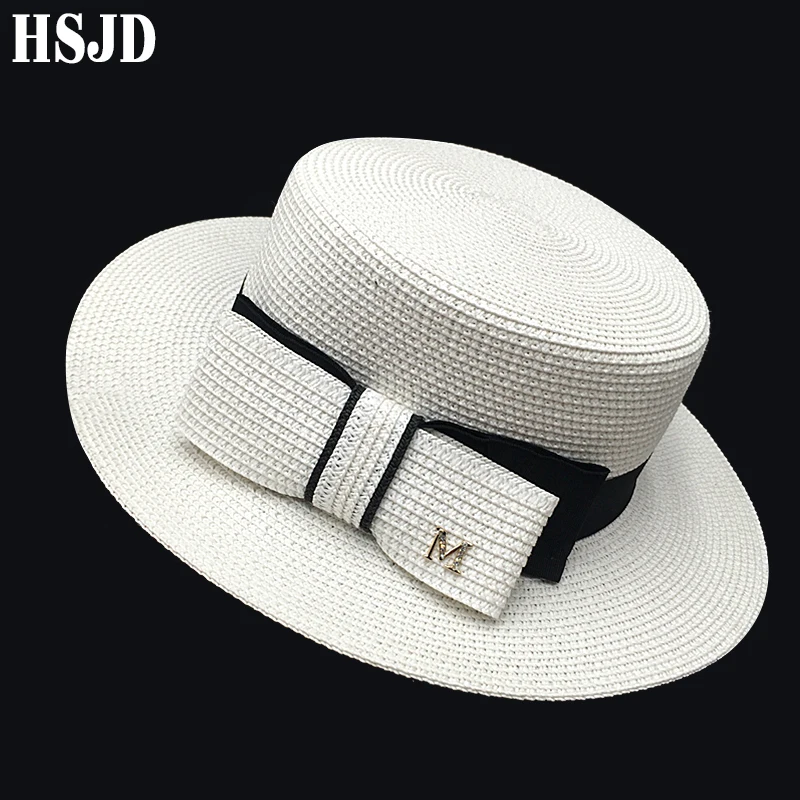 French Straw Flat Top Bow Female Sun Hats M Panama Elegant Wide Brim Anti-UV Beach Hat Women's Summer Sun Cap Gorras