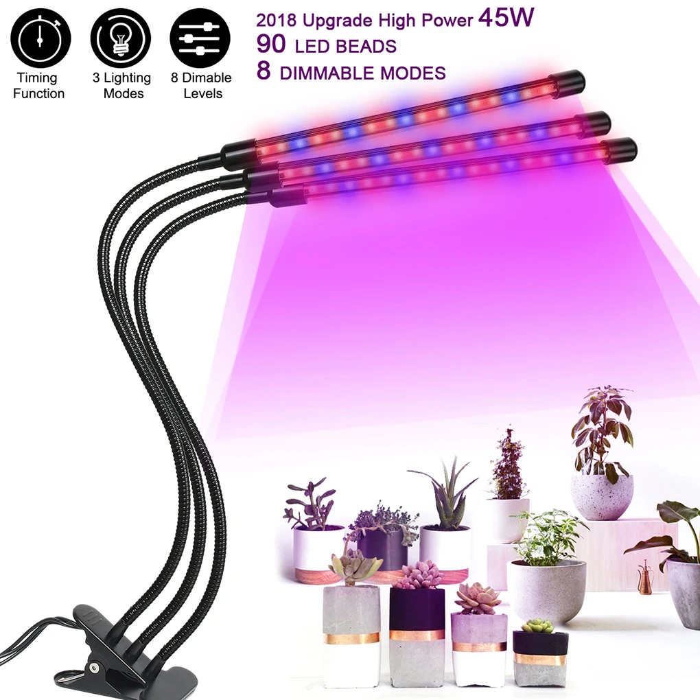 

3 Head 45W LED Timing Clip Growing Lights Adjustable Gooseneck Indoor Greenhouse Gardening Plants Growth Lamp