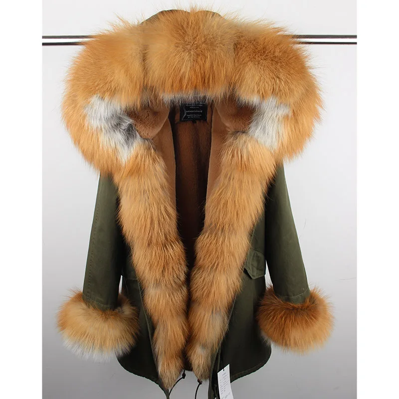 Natural real fox fur Jacke coat Real Fox Fur Collar Cuff Hooded Coat