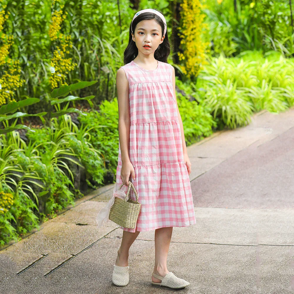 

2019 Summer Cute Blue Pink Girls Sleeveless Plaid Princess Dress Korean Style Cotton
