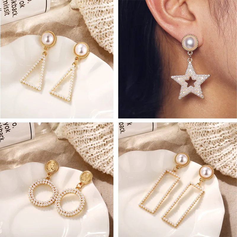 

Korean Metal Gold Square Star Triangle Circle Classic Geometric Simulated Pearl For Women Dangle Drop Earring Wedding Jewelry