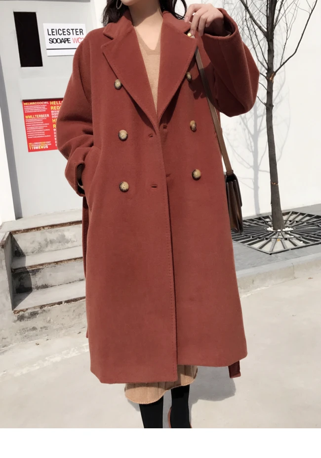 Зимнее пальто, женское длинное шерстяное пальто с поясом, свободный Тренч, брендовый стиль, винно-красный, шоколадный, верблюжий