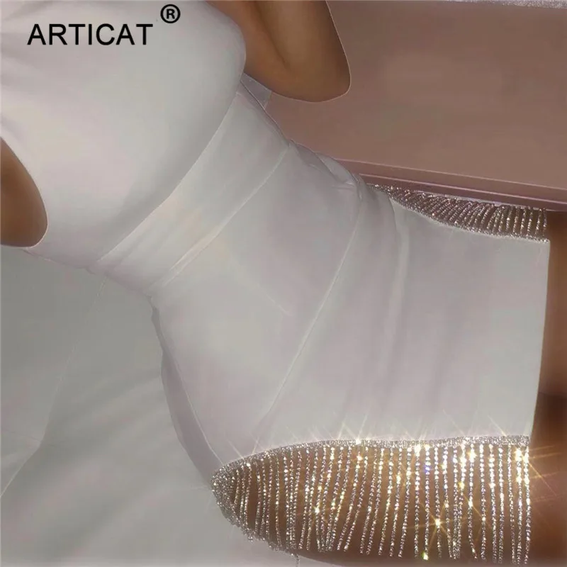 Articat бриллианты кисточки Сексуальные вечерние платья без рукавов o-образным вырезом высокое летнее платье с разрезом от бедра Bodycon Модные Белые Повседневные платья Короткие