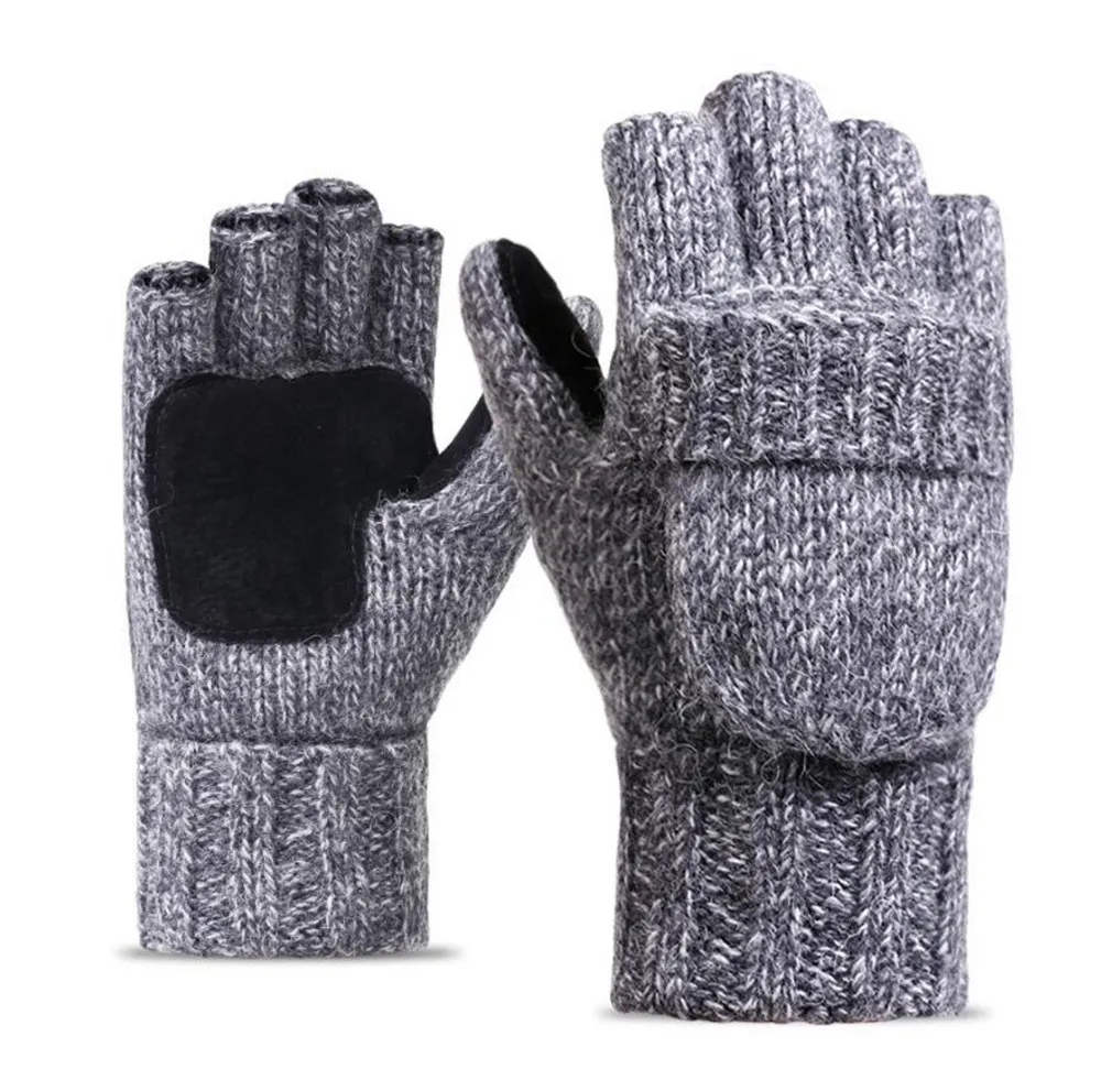 Men's Thinsulate Thick Wool Knitted Half Mitten Suede Palm Gloves Warm Outdoor Riding Gloves