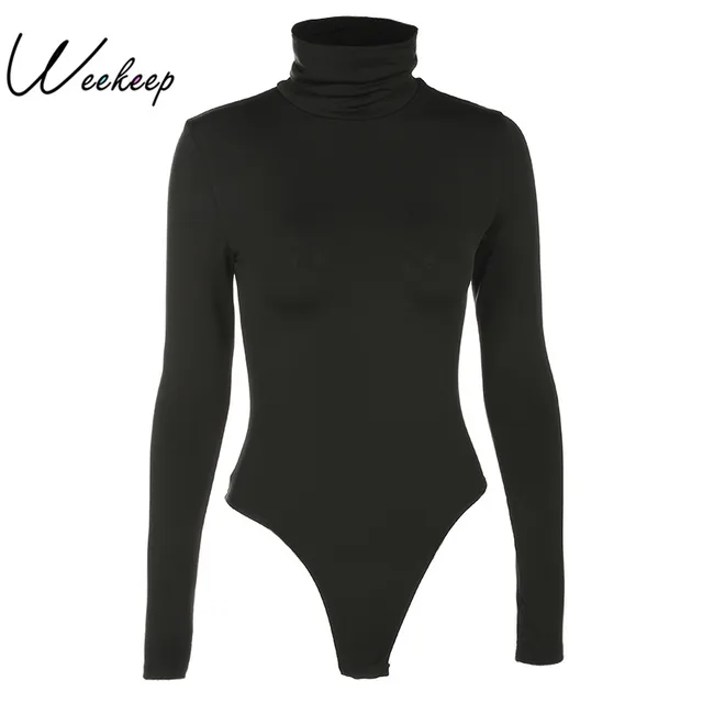 US $8.81 Weekeep Women Black Long Sleeve Bodysuit Autumn Winter Turtleneck Bodysuits Womens Sexy Bodycon Hig
