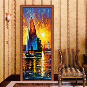 

77*200cm Novelty Elegant Beautiful Sunrise Sailboat Seascape Oil Paintting Wall Sticker Wallpaper Door Stickers Home Decor