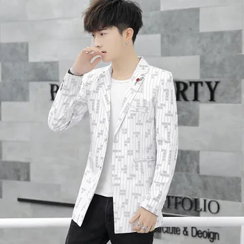 

2020 men long suit young handsome cloak trend in character lattice striped suit