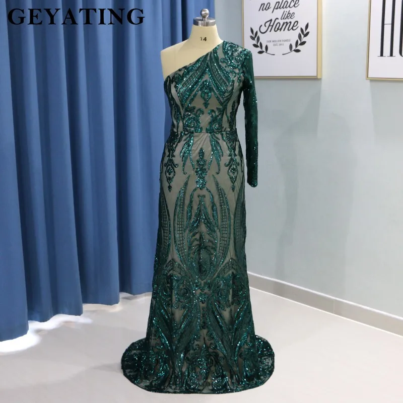 Emerald Green Mermaid Evening Dress Long Sleeve Detachable Train Muslim Prom Dresses 2019 Arabia Glitter Formal Party Gowns