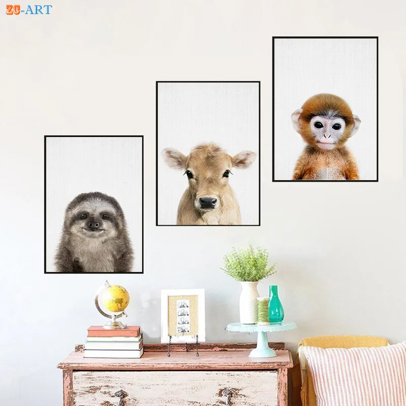 

Modern Baby Sloth Cow Raccoon Prints Calf Picture Farmhouse Nursery Wall Art Canvas Painting Kids Bedroom Home Decor Framed