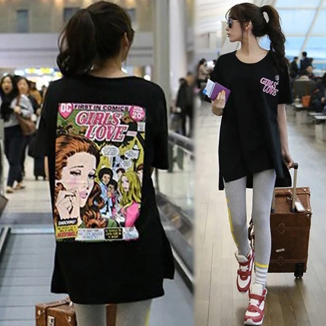 

New women street loose cartoon printing t shirt short sleeve straight fashion casual cute strange summer black t shirts