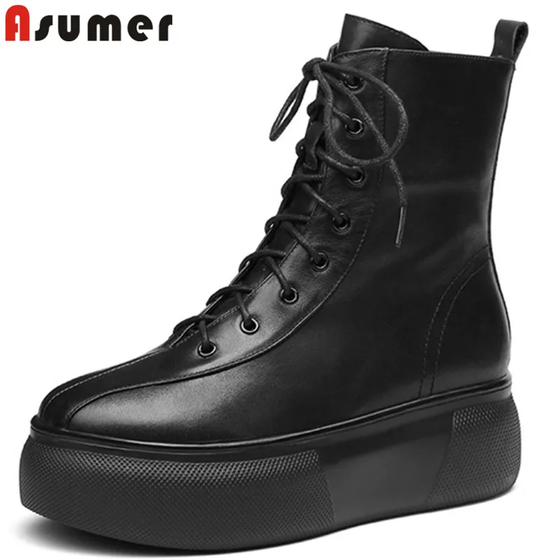ASUMER 2018 fashion autumn winter boots women round toe zip ankle boots for women lace up ladies genuine leather boots