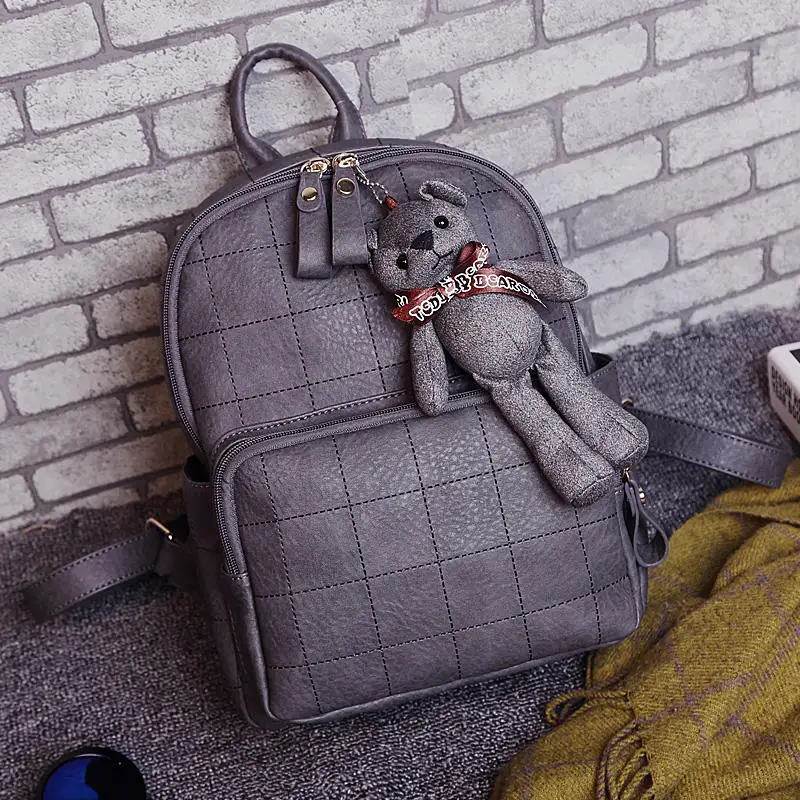 New Arrival Fashion Small Bear Pendant Girls Schoolbag Nubuck Leather Women Backpack Double Zipper Women Bag Vintage Backpack