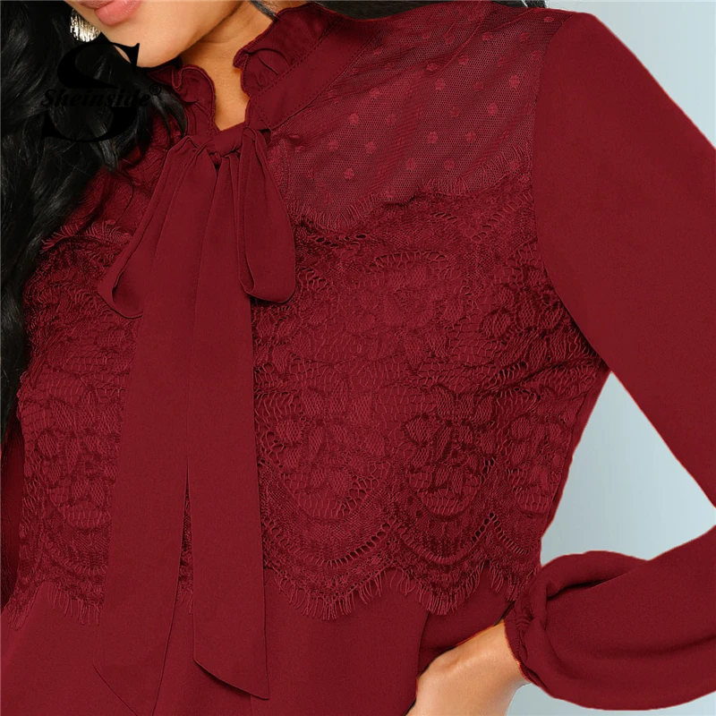 Sheinside Элегантная блузка женские рубашки с оборками и завязками на шее контрастный кружевной топ бордовые блузки с длинным рукавом для женщин женские топы