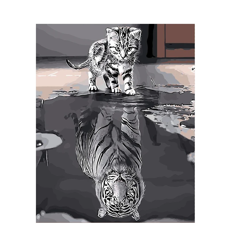 

Painting By Numbers DIY Dropshipping 40x50 50x65cm Reflection Cat Animal Canvas Wedding Decoration Art picture Gift