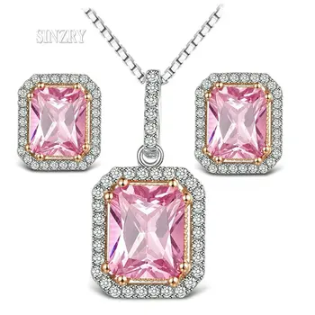 

SINZRY 2018 Luxury jewelry Cubic Zirconia crystal Necklace Earring Set Pink sweety vintage geometry jewelry set for Women