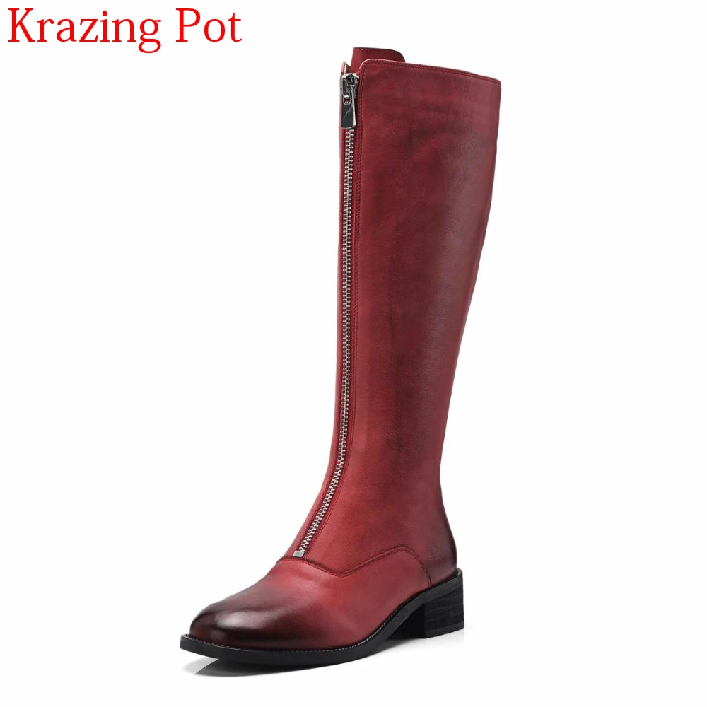 

New Arrival Genuine Leather Med Heels Zipper Streetwear Winter Shoes Luxury Motorcycle Boots Gradient Long Mid-calf Boots L86
