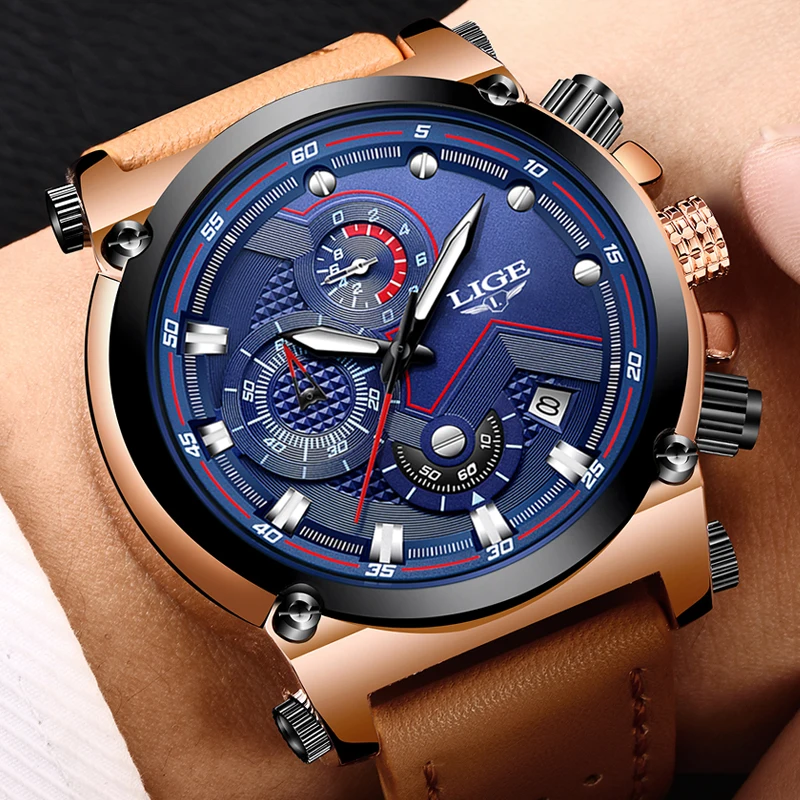 

LIGE New Mens Watches Top Luxury Brand Casual Sport Quartz Watch Men Leather Waterproof Military Wristwatch Relogio Masculio+Box