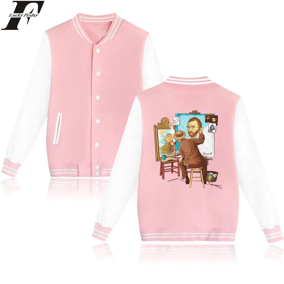 LUCKYFRIDAYF Van Gogh Triple Self Portrait Baseball font b Jacket b font Long Sleeve Spring font