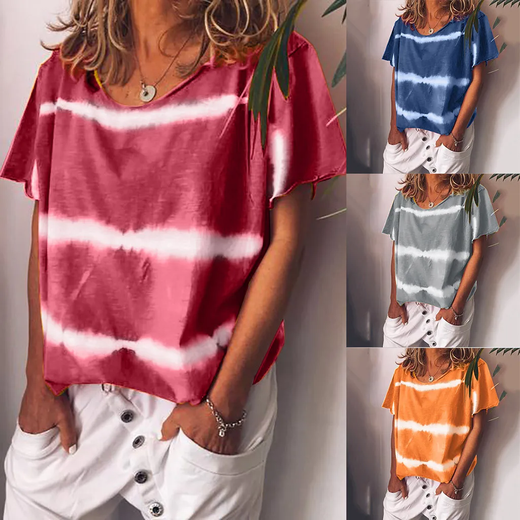 Women Blouse Tie Dye Print Short Sleeved Stripe O neck Tee shirt Tops Lady Plus Size Tunic Shirt Top Blusas Femininas|Блузки| |