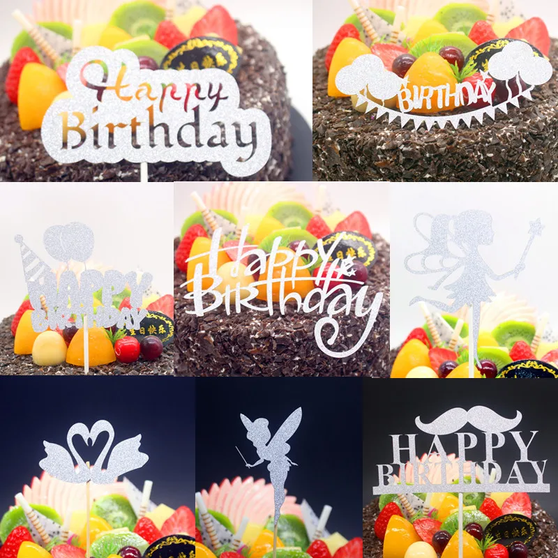 Happy Birthday Cake Topper Flags Party Decoration Paper Silver Glitter Cupcake Cake Topper Baby Shower Party Baking Decor Kids