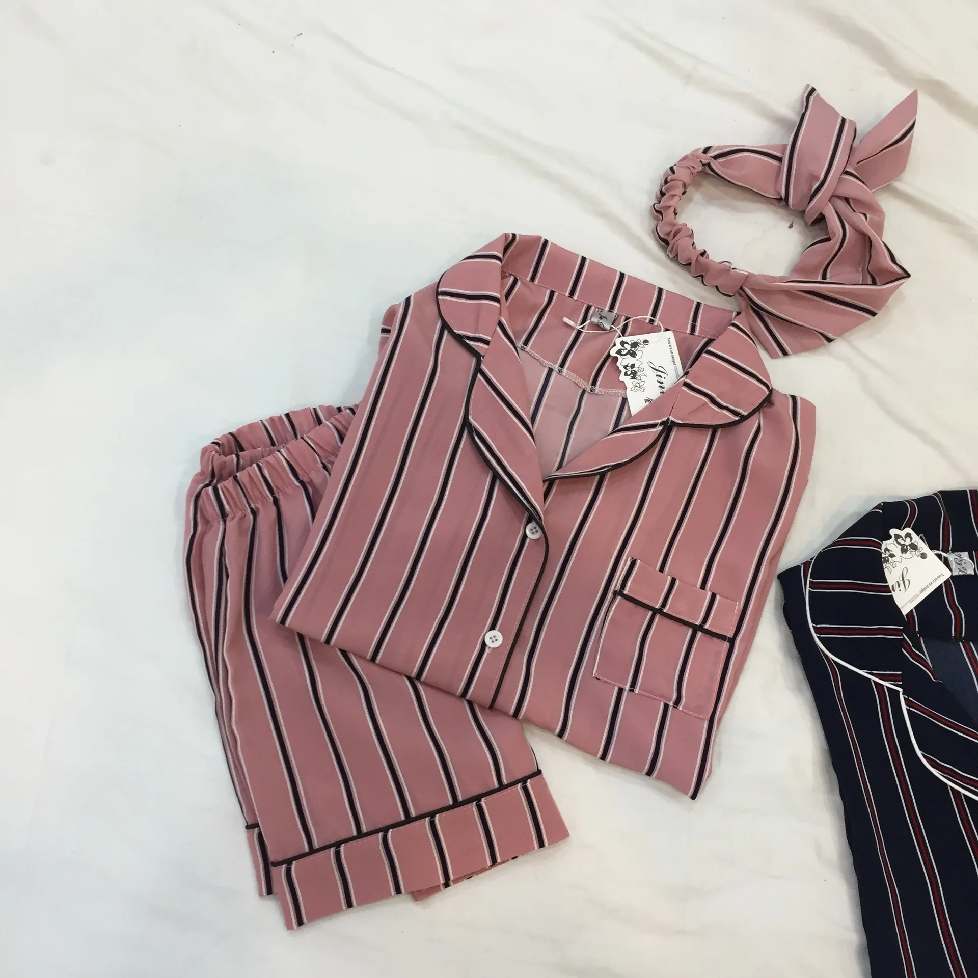 Лето, женские пижамные комплекты, полосатая одежда для сна с отложным воротником, комплект из двух предметов, рубашка+ шорты, повседневная Розовая домашняя одежда, пижамные комплекты