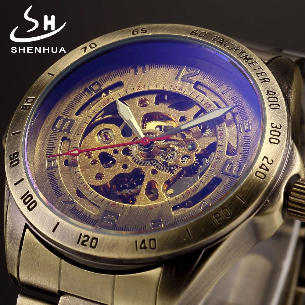 خمر البرونزية التلقائي الهيكل العظمي ووتش Steampunk من شفافة الميكانيكية رجل الساعات كامل معدن ساعة montre أوم