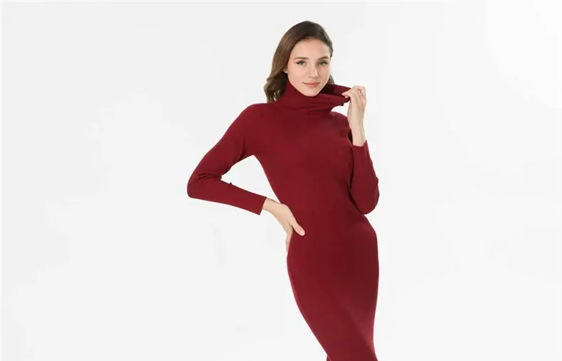 Women Dress 2019 Autumn Sweater Dress Cotton Rib Knit Slim Stretched Winter Turtleneck Sexy Lady Bodycon Robe Dresses Vestidos 14
