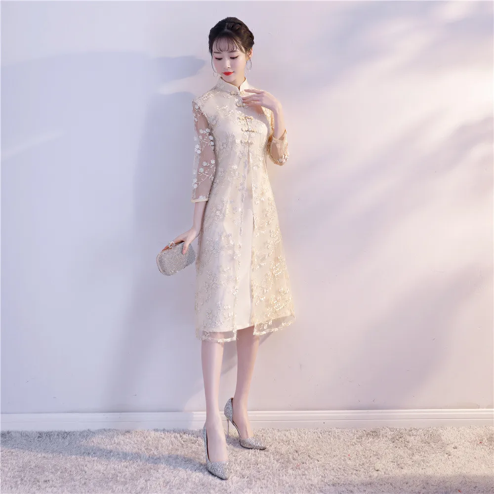 Шанхай история короткий рукав по колено Ципао китайское традиционное платье Китайский Стиль кружевное платье Ципао для Для женщин