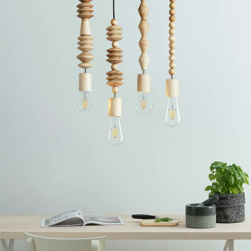

Modern Oak Wood Bead Chain Pendant Lights Retro Hanging Suspension Cord pendant Lamp Dining Room Stores Bar lighting luminaires