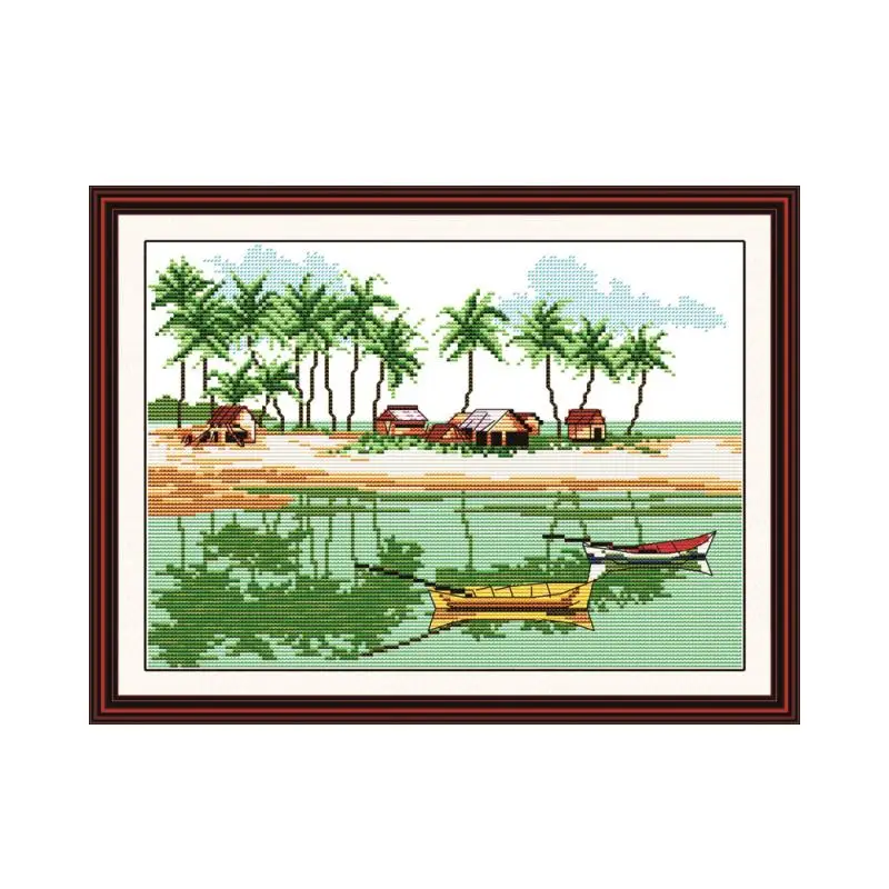 

Seaside Landscape 11CT 14CT Printed Stitch Cross Stitch Kit, Boat Pattern Sewing Thread Sewing Embroidery Gift Hanging