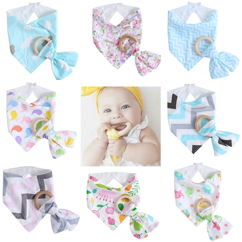 Infant Baby Feeding Saliva Towel Dribble Triangle Bandana Bibs Wood Teether Ring