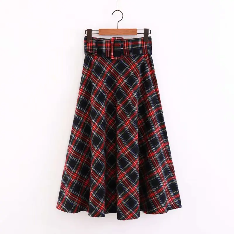 ASDS Women Vintage Plaid Midi Skirt Sashes Side Zipper Design Pleated