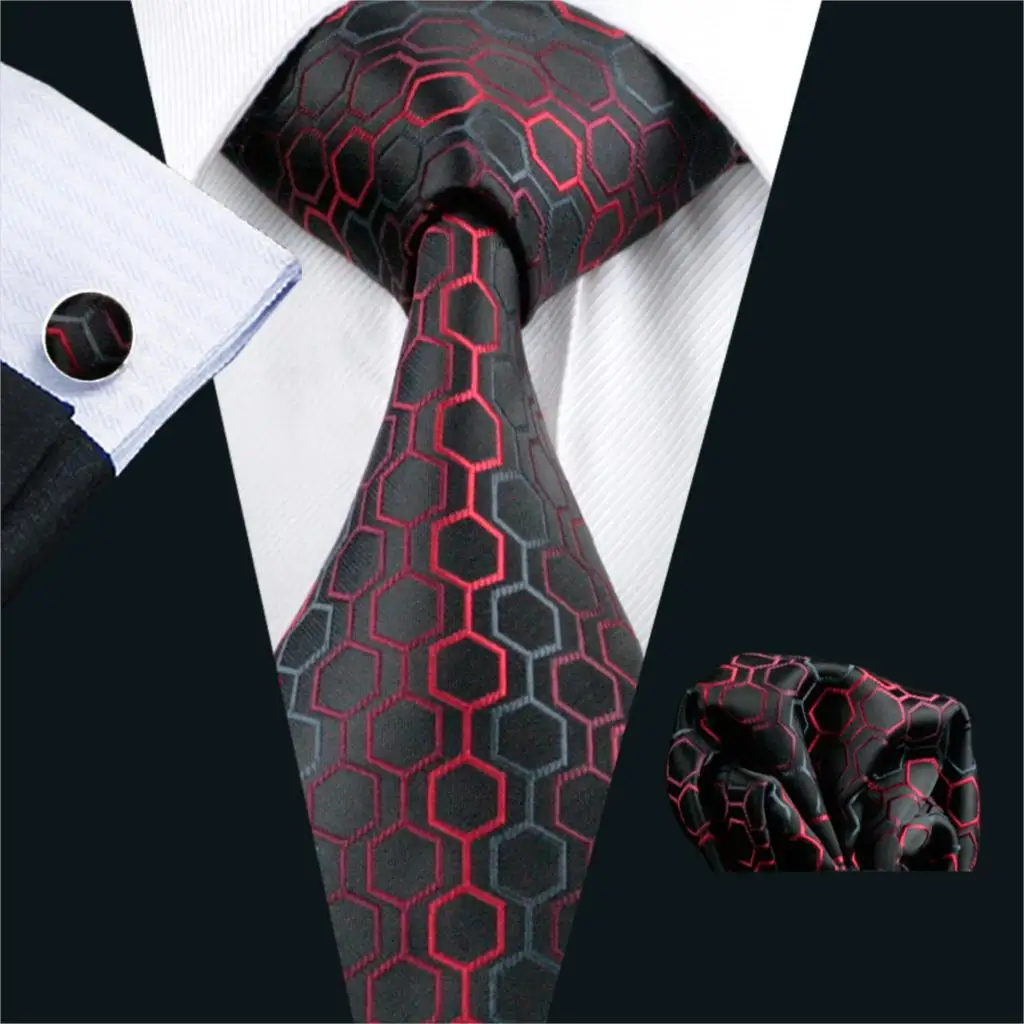 FA 584 Mens Tie Red Geometric Silk Jacquard Neck tie Tie Hanky