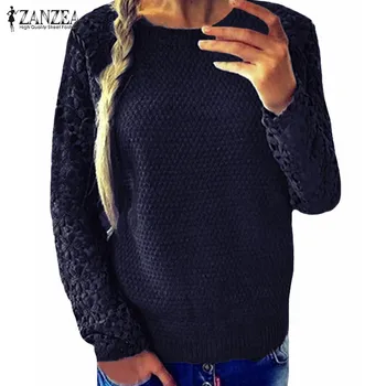 

ZANZEA 2020 Autumn Women Knitting Sweater Casual Loose Pullover Patchwork Lace Hollow Out Long Sleeve Round Neck Ladies Sweaters