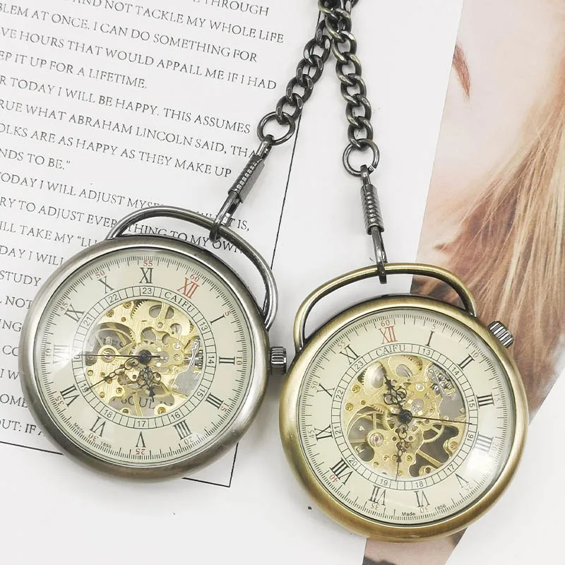 

Top Brand Vintage Watch Necklace Skeleton Dial Mechanical Fob Pocket Watch Clock Pendant Men Women Chain Best Gift