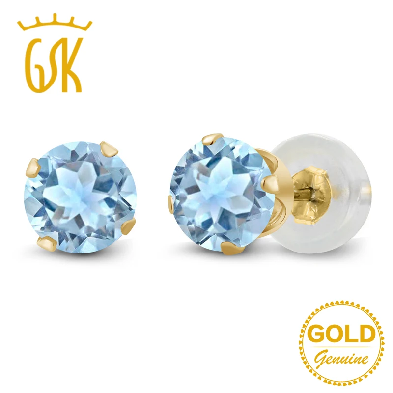 

GemStoneKing 1.20 Ct Natural Sky Blue Topaz Stud Earrings Real 10K Yellow Gold Fine Jewelry For Women