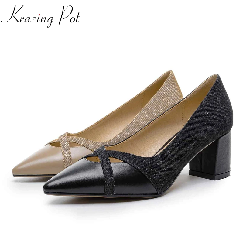 

Krazing pot 2019 cow leather thick high heels women brand pointed toe runway shallow bling sequined cloth party sexy pumps L12